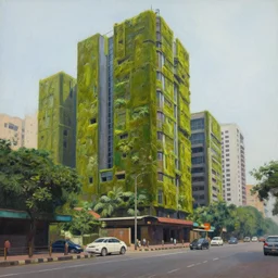 streets of mumbai, future, mossy buildings, high fidelity, uncompressed, photorealistic oil painting, straight lines