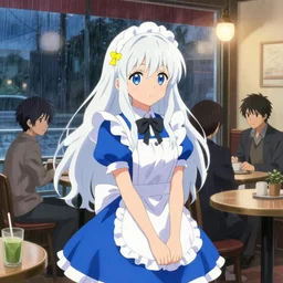 a girl in a maid's outfit in a cafe a night, raining outside the cafe, wavy white long hair, blue theme and eye - catching yellow assents, s line, 4 5 angel by krenz cushart and mucha and akihito yoshida and greg rutkowski and makoto shinkai, 4 k resolution