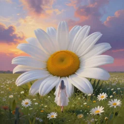 giant white daisy flower head, girl with veil walking in a flower field, surreal photography, sunrise, dramatic light, impressionist painting, colorful clouds, digital painting, artstation, simon stalenhag