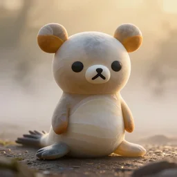 7 0 mm photograph of weird seal plushie ; san - x rila plushie, vellum and mesoglea - translucent layers ambiently occluding and striating, forming a detailed sculptural recreation of the rilakkuma plushie bear! from roger dean's paintings emerging from the mist, dappled in polarized golden hour light, cinematic, 8 k