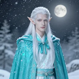 portrait of a handsome pointy - eared male snow elf in a turquoise cape, albino skin, androgynous face, mid - shot, moonlight snowing, ethereal opalescent mist, winter vibes, perfect face, elegant, very coherent symmetrical artwork, by greg rutkowski, alphonse mucha, charlie bowater, trending on artstation