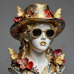 a fancy head wearing sunglasses and a hat surrounded by butterflies flowers fluid marble statue, multiple splashes of golden and red and black paint, vogue cover style, high detail, stanley kubrick mood, hyperrealism, by tooth wu and wlop and beeple and greg rutkowski