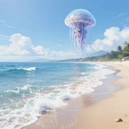 A very beautiful serene coastal landscape scene with a GIANT MECHA JELLYFISH looming in the distance, bright sunny waves splashing on the beach, Translucent rendered by simon stålenhag, rendered by Beeple, Makoto Shinkai, syd meade, environment concept, digital art, starwars, unreal engine, 3 point perspective, WLOP, trending on artstation, low level, 4K UHD image, octane render,