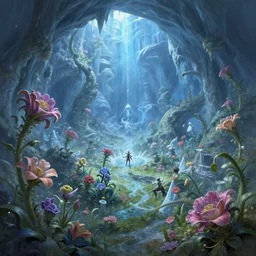 arboreal flowers in a large ice meadows cavern boss battle fantasy artwork epic detailed and intricate digital painting trending on artstation by wlop octane render