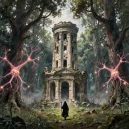 a monolithic neoclassical ruined tower and a dark wizard of old walking through an open field with his staff in a beautiful forest of ancient neurons and pink and yellow glowing synapses runnig through the forest, huge incredibly immense trees, highly detailed, hyperrealism, cgsociety, 8k, ancient forest, misty forest, realistic painting, sharp image, hyper realistic art, cinematic, art by konstantin razumov, chiaroscuro