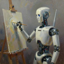 A beautiful oil painting of a robot painting an oil painting