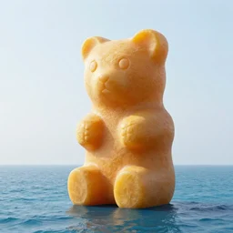a giant sculpture of a giant gummy bear on the ocean water, side shot, award winning, hyper - realistic, very detailed, realistic water, water splashes, ray tracing, 8 k resolution, long - shot, sharp focus, low angle, 8 5 mm photograph, wide lens