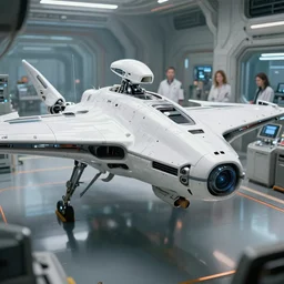 ( cyberpunk 2 0 7 7, bladerunner 2 0 4 9 ) scientists creating an artificial alien highly detailed futuristic biomechanical thick smooth quad wing combat spaceship in their spaceship lab, realistic,, white color theme, sharp, deep depth of field, photography, natural light, detailed, photorealistic, reflection, refraction, by brian sum and annie leibowitz,