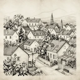 an elaborate and dense painting of a peaceful neighborhood, detailed, made of alcohol ink on parchment and penned illustrations, by wes anderson and geoff darrow