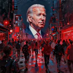a dark street with hordes of wandering people red lights cybernetic joe biden's face hovering over the unwashed masses, dystopian, cyberpunk, dripping oil paint, thick brushstrokes, abstracted painterly techniques, high resolution, unreal 5, 8 k