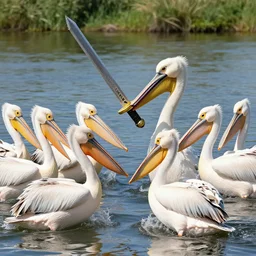 Lacoste holding a legendary sword with its mouth, on a river fighting a group of pelicans