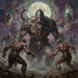 concept art of giant ogres, lovecraftian, divers helmet, lots of teeth, melting horror, round moon, rich clouds, fighting the horrors of the unknown, mirrors, very detailed, volumetric light, mist, grim, fine art, decaying, textured oil over canvas, epic fantasy art, very colorful, ornate, anato finnstark