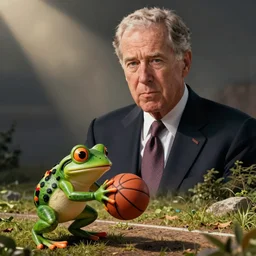 photo of george w bush looking bewildered as a frog plays basketball in the foreground