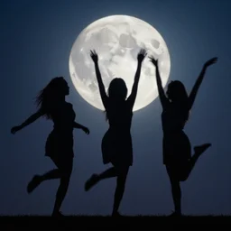 silhouettes dancing, legs waving, in the moonlight