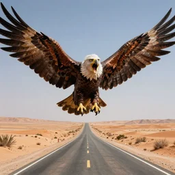 an elderly man flying, giant wings of an eagle, screaming, terror, desert highway, bold natural colors, national geographic photography, masterpiece, 8 k, raw, unedited, symmetrical balance