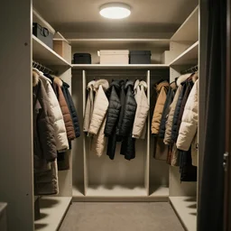wardrobe with winter inside, cinematic, wide angle