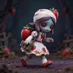a very sad femo figurine of a cute funny undead strawberry fairy zombie with bandages wearing a dirty floral torn strawberry dress featured on bloodborne by beksinski and gamesworkshop, carrying survival gear, wearing strawberry backpack, shambling aimlessly, dark foreboding atmosphere, 🎀 🧟 🍓 🧚