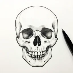 drawing of a skull, pen, black lines, clean, white background