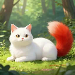 white cat with fluffy red tail like fox tail lying at sunny forest, high detailed, hyper realistic, unreal engine 5, anime illustration, fantasy, ray tracing