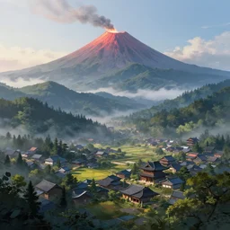 a powerful japanese village high in mountains, calm morning, fanart artstation global illumination rtx hdr fanart arstation 3 d, active volcano, concept art by greg rutkowski and laurie greasley, fantastic landscape, 8 k, cinematic color grading