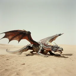 A crashed dragon on the desert ground. 1940s photograph.