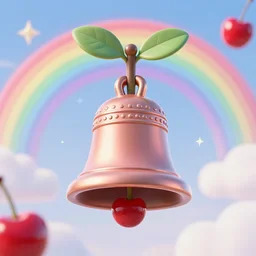 beautiful 3 d render of bell changing into a cherry, magical, rainbow background