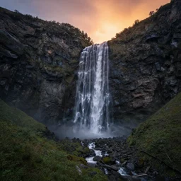 ultra detail, photo of epic mountain landscape, waterfall, sunset, art by michael shainblum