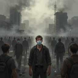 a man suffering due to high air pollution in future, concept art, digital painting, cinematic lightening, people are wearing masks, wide angle shot, in the style of greg rutwoski, very hyper realistic, highly detailed, fantasy art station