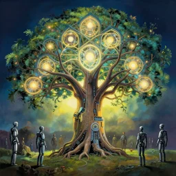 stunning tree of life a system based robot neuron field of light, 8 k resolution concept art studio ghibli photorealism acrylic art back lit horde 3 d beautiful retro detailed painting