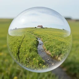 a field with a house in the distance, a small stream flowing through the field, all inside a sphere