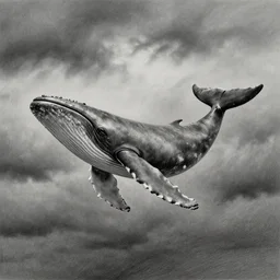 a dark cloudy day, a whale swimming in the sky, pencil drawing, ultra realistic