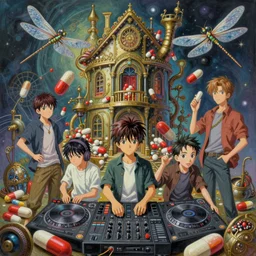 House of the Dragon surreal gouache painting, by yoshitaka amano, by ruan jia, by Conrad roset, by good smile company, detailed anime 3d render of a medicine pills Surrounded by a magical dragonfly and a big DJ Mixer, deck, portrait, cgsociety, artstation, rococo mechanical and Digital and electronic, dieselpunk atmosphere