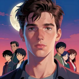 a vibrant close - up press portrait of kasper van buuren transforming from a human to a humanoid. dramatic, thought - provoking, background depicting moon rising, romantic undertones, expert high detail concept art, perfect proportions fine - face, tall handsome guys, modern design, bold colors, realistic shaded lighting poster ilya kuvshinov, katsuhiro, jeremy lipkin and michael germash, makoto shinkai, loish and clamp style, trending on art station, best selling artist