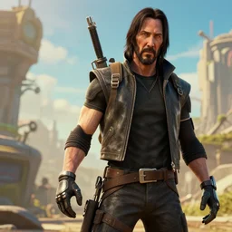 Screenshot from new Borderlands Matrix crossover DLC featuring Keanu Reeves as Neo, 8k photorealistic