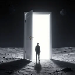 a person standing in front of a glowy open door that's on a barren moon, poster art by mike winkelmann, trending on cg society, space art, sci - fi, ue 5, futuristic, volumetric lighting, light casting onto the ground, neat composition and camera angle