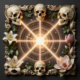 beautiful classical decorative ornament, skulls, lasers, acanthus scrolls, lilies, ivy, anatomy, energy, geometry, magnolia, bones, petals, stems, fibonacci rhythm, artstation, art germ, wlop