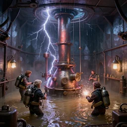 flooded boiler room of a ship, victorian alchemists, old scuba, sparks, electrical shocks, lightning bursts, water dripping from ceiling, polygonal iron steel walls, by peter mohrbacher dan mumford craig mullins nekro, cgsociety, pixiv, volumetric light, 3 d render