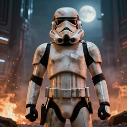 film still from the force awakens a telephoto portrait of star wars dirty!! filthy!! grimy storm trooper in a science fiction, cyberpunk city, smoke, fire, volumetric lighting, glamour pose, rim lighting, moonlit, greg rutkowski, octane, 8 k