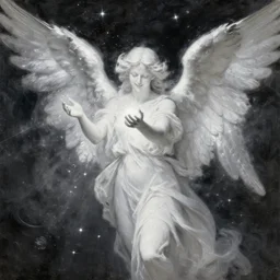 highdetailed hyperrealistic painting of white angel!!! no gender smiling noface!!!, light instead of hands, white sparkles everywhere, 4 k hd face!!!, angel bringing the light and give it to the space, big silver high detailed wings!!!, renaissance, by bill stoneham, holography space, glow effect, large strokes, monochrome!!!!!, digital painting, large paint strokes, textured oil painting, motion effect, blur effect, abstract painting