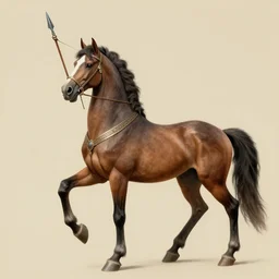 the centaur - a noble beast, combining the head and chest of a man with the hindquarters of a horse. they are bare - chested, usually, although they may have some jewelry and adornments elsewhere on their body. if armed, they will carry spears or a bow and arrows.