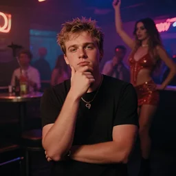 photo of a 4 0 year old white man living thinking he's living the best life possible. he looks young for his age. he is at a strip club getting a lap dance, it's as if he were in a music video. sadly he did not realize there is more to life.