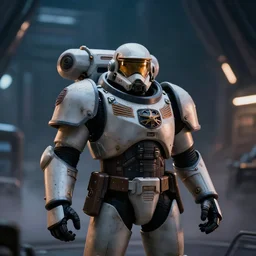 Portrait of Space Marine, bokeh, background darkness interior of spaceship, inspired by Ridley Scott, Warhammer, octane render, HD, volumetric lighting, mist, twilight, high details