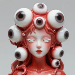 full head and shoulders, beautiful red porcelain female person, mixed with massive frog spawn eyes that are all different sizes, smooth, delicate facial features, white detailed eyes, white lashes, 3 d white shiny thick, larg tentacles and eyeballs by daniel arsham and james jean