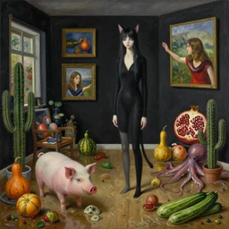realistic painting of a flooded artist's apartment and a tall emo catgirl, many gourds, a pig, a lady reaching out from inside paintings on black walls, pomegranates, cactus, octopus, courgettes, 1 6 mm, berries, zen, sensual, surrealist painting by magritte and rousseau and monet