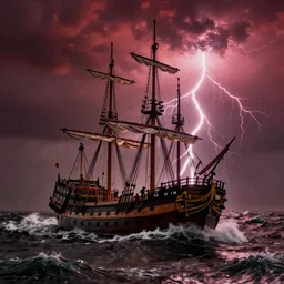 17th century frigate in a storm, turbulent waves, lightning in the background, crimson tint. Carl Friedrich