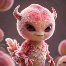 an alien with a face that looks like a fuzzy peach the peach is fuzzy pink warm and ripe the alien has horns and a mean smile the alien has chicken feet cruel smile, 4k, highly detailed, high quality, amazing, high particle effects, glowing, majestic, soft lighting, detailed background