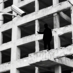 black and white security camera image of a black silhouette of a figure caught in an abandoned brutalism structure