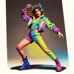 portrait of a retro tech fashion model with an exuberant surreal style, colorful, dynamic pose, beautiful realistic face, octane render, vray, detailed, wide angle, halftoned, editorial illustration, matte print, grainy light, ( ( dither ) ), risograph, high contrast, screen print, rich grainy texture