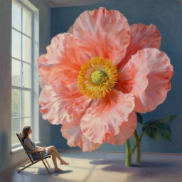 closeup, huge flower head, woman sitting on lounge chair by a tall window, surreal photography, studio light, impressionist painting, digital painting, artstation, simon stalenhag