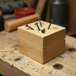 photo of a one small block of wood with a few bent and crooked nails hammered into it, on a workbench.
